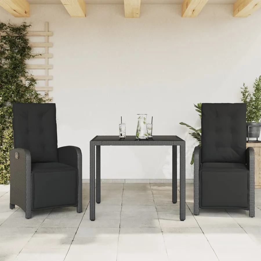 Ensemble de bistro 3 pcs avec coussins noir résine tressée