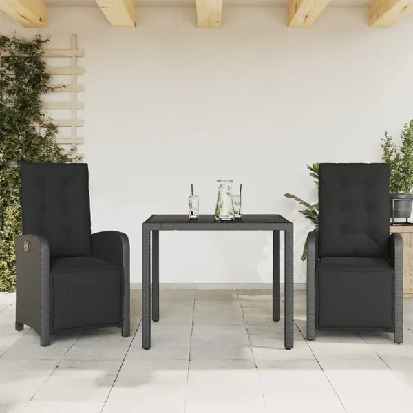 Ensemble de bistro 3 pcs avec coussins noir résine tressée