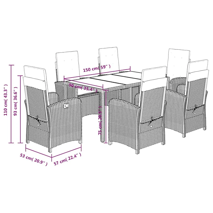Ensemble à manger de jardin coussins 7pcs Noir Résine tressée - 12