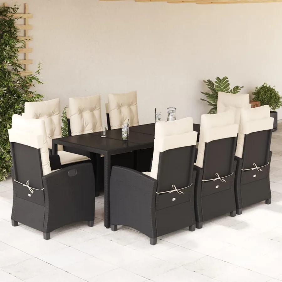 Ensemble à manger de jardin 9pcs coussins noir résine tressée