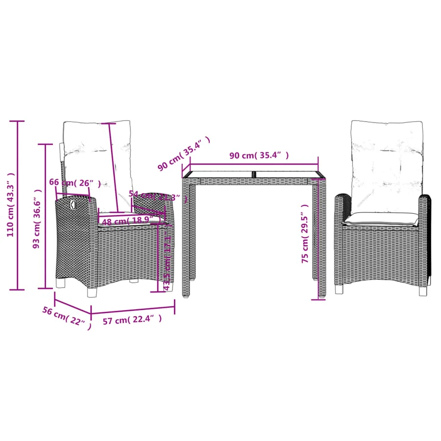 Ensemble à manger de jardin avec coussins 3 pcs Noir - 9