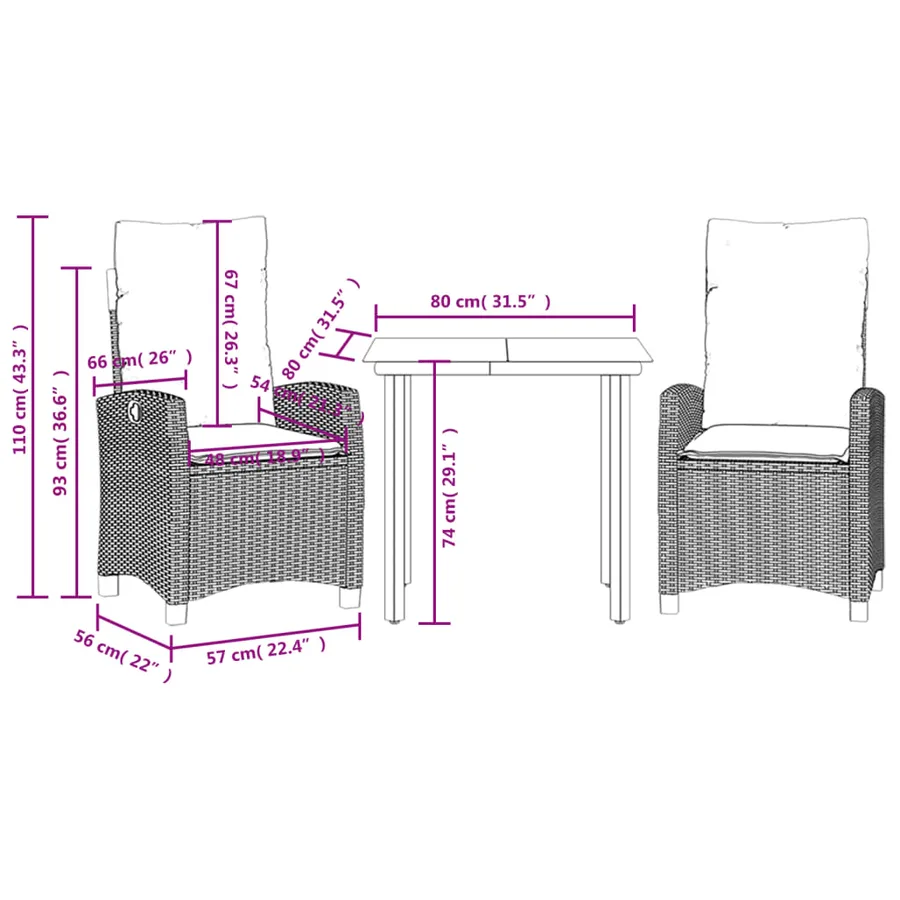 Ensemble à manger de jardin avec coussins 3 pcs Noir - 9
