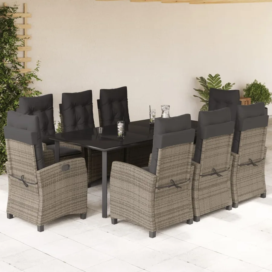 Ensemble à manger de jardin 9 pcs coussins gris résine tressée