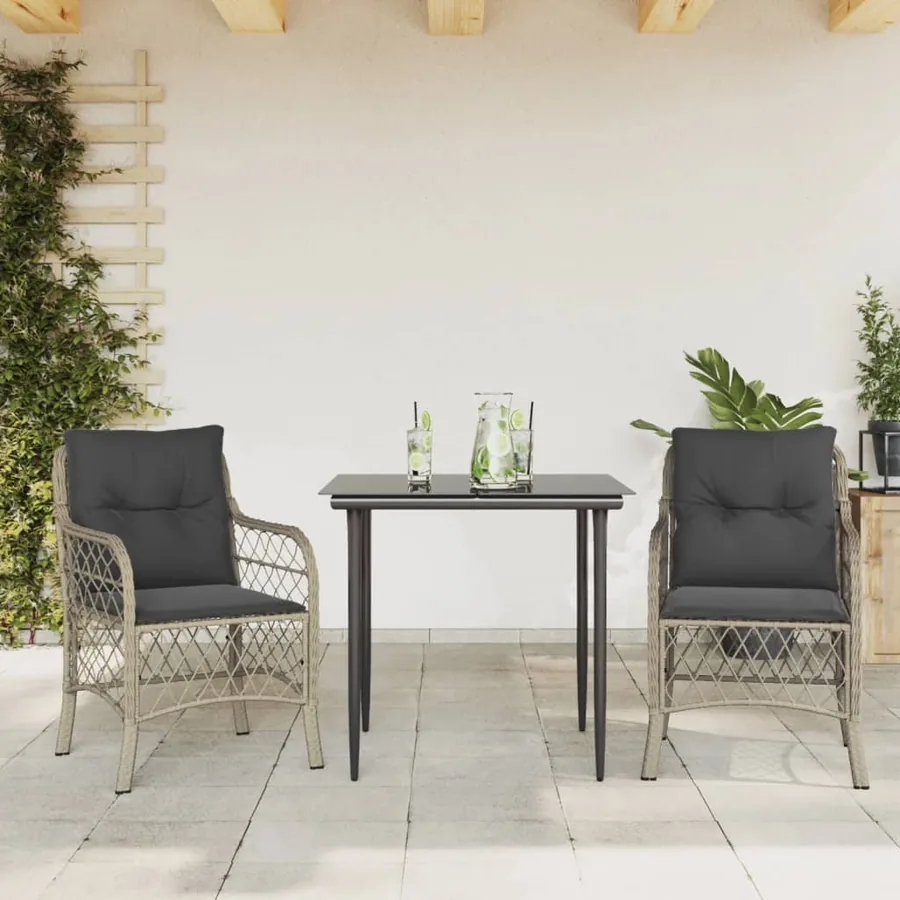 Ensemble de bistro 3 pcs et coussins gris clair résine tressée
