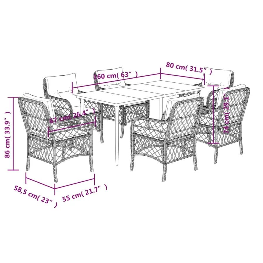 Ensemble à manger de jardin et coussins 7 pcs gris clair rotin - 7