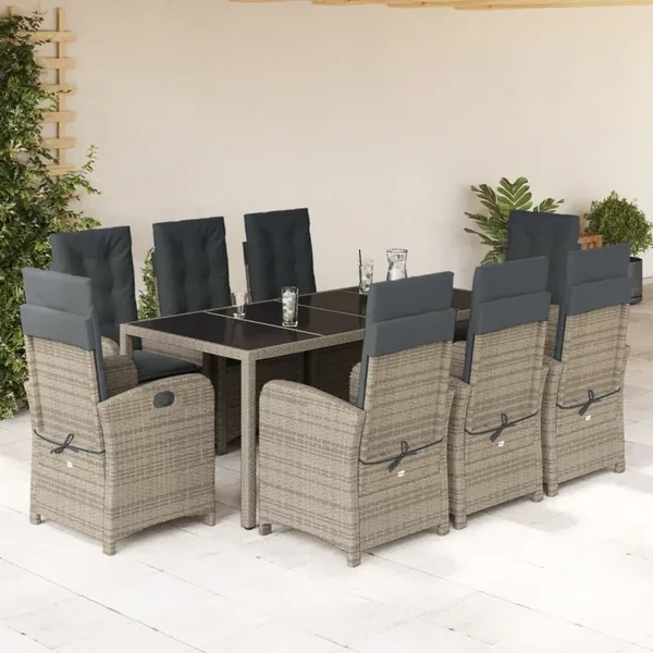 Ensemble à manger de jardin 9 pcs coussins gris résine tressée