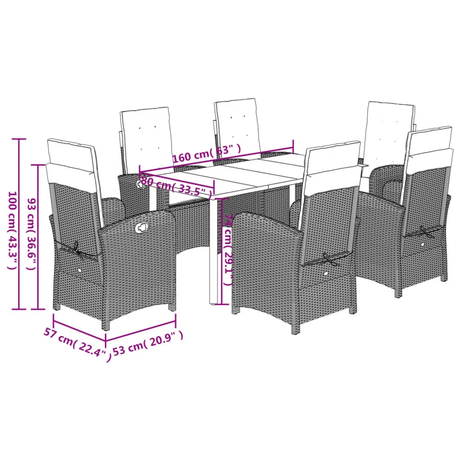 Ensemble à manger de jardin et coussins 7 pcs marron rotin - 12