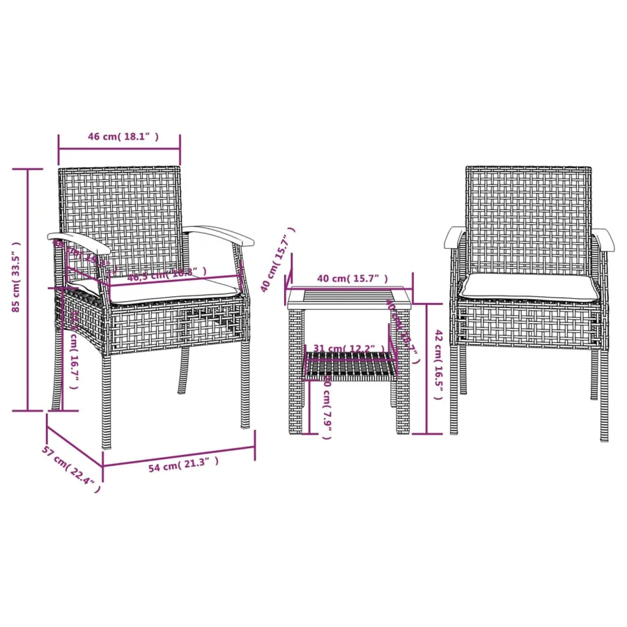 Ensemble de bistro 3 pcs et coussins gris résine tressée acacia - 15
