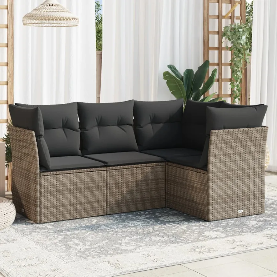 Salon de jardin 4 pcs avec coussins gris résine tressée