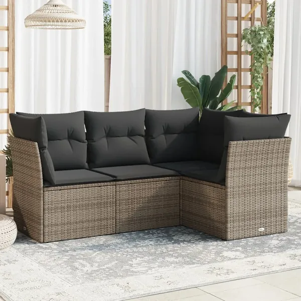 Salon de jardin 4 pcs avec coussins gris résine tressée
