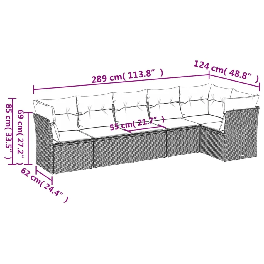 Salon de jardin 6 pcs avec coussins gris résine tressée - 3