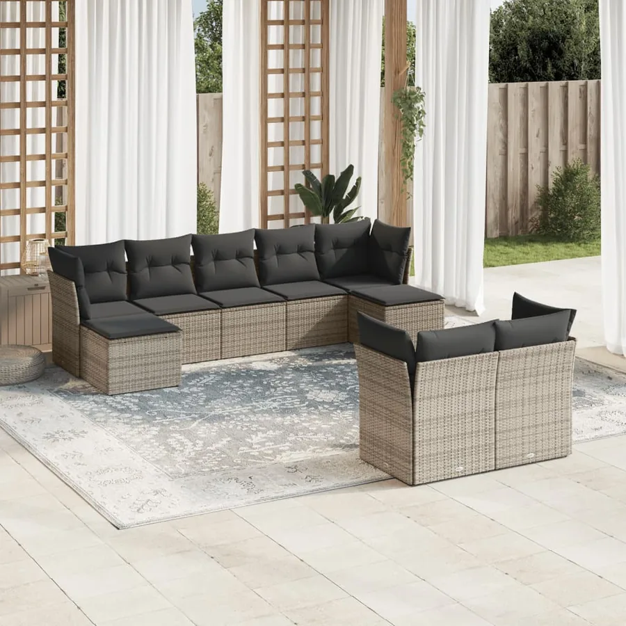 Salon de jardin 9 pcs avec coussins gris résine tressée