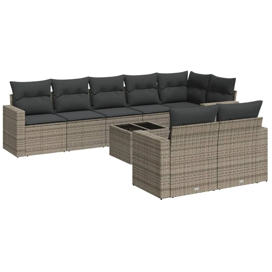 Salon de jardin 9 pcs avec coussins gris résine tressée - 2