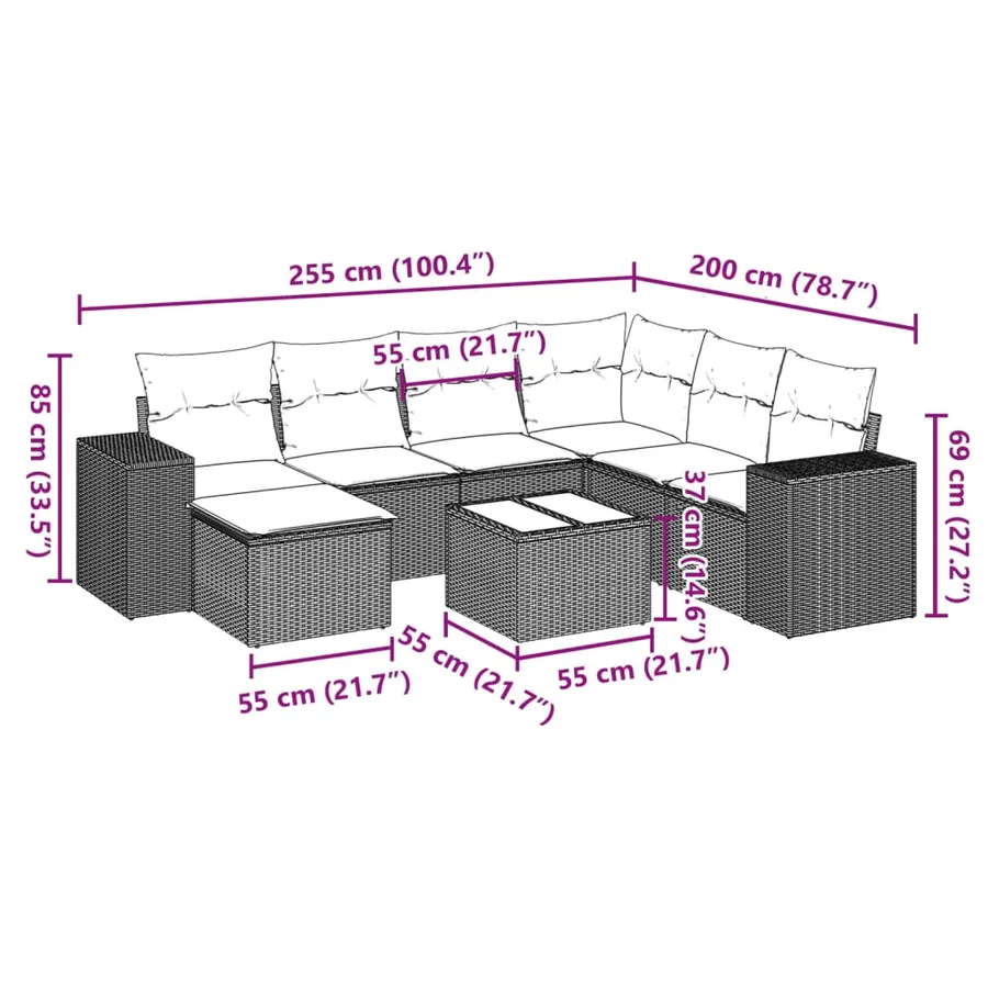 Salon de jardin 8 pcs avec coussins gris résine tressée - 3