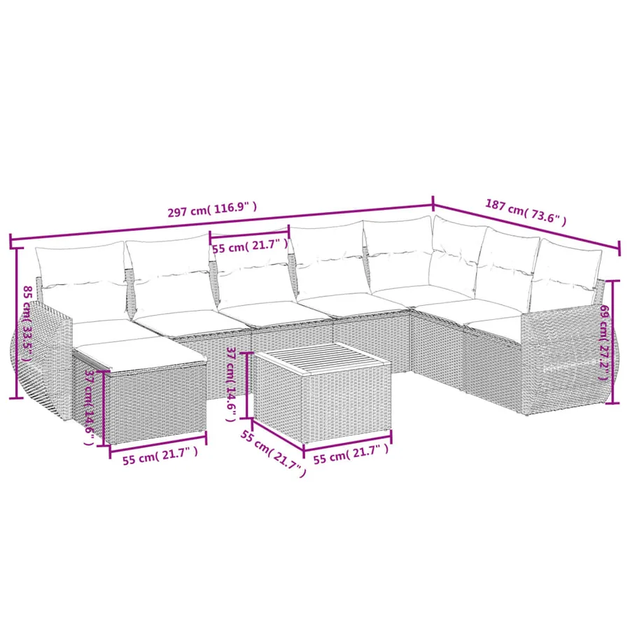 Salon de jardin 9 pcs avec coussins gris résine tressée - 3