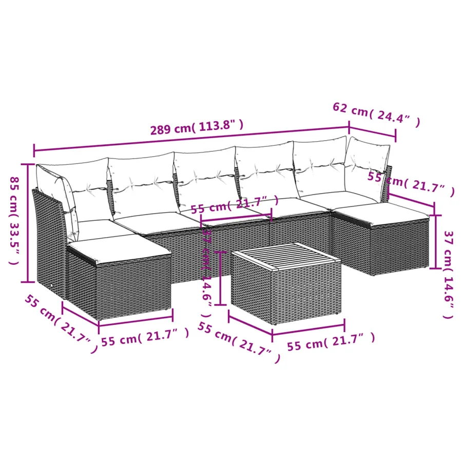 Salon de jardin 8 pcs avec coussins gris résine tressée - 11