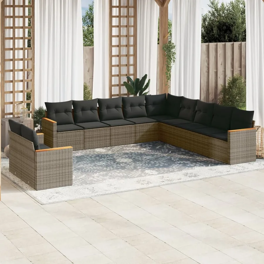 Salon de jardin 11 pcs avec coussins gris résine tressée