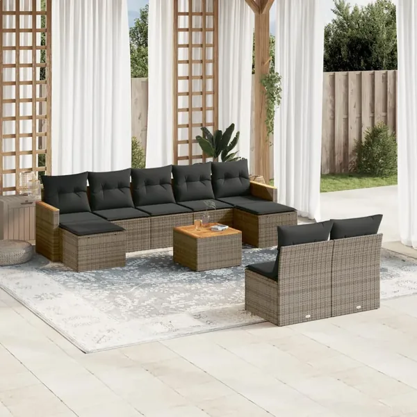 Salon de jardin avec coussins 10 pcs gris résine tressée