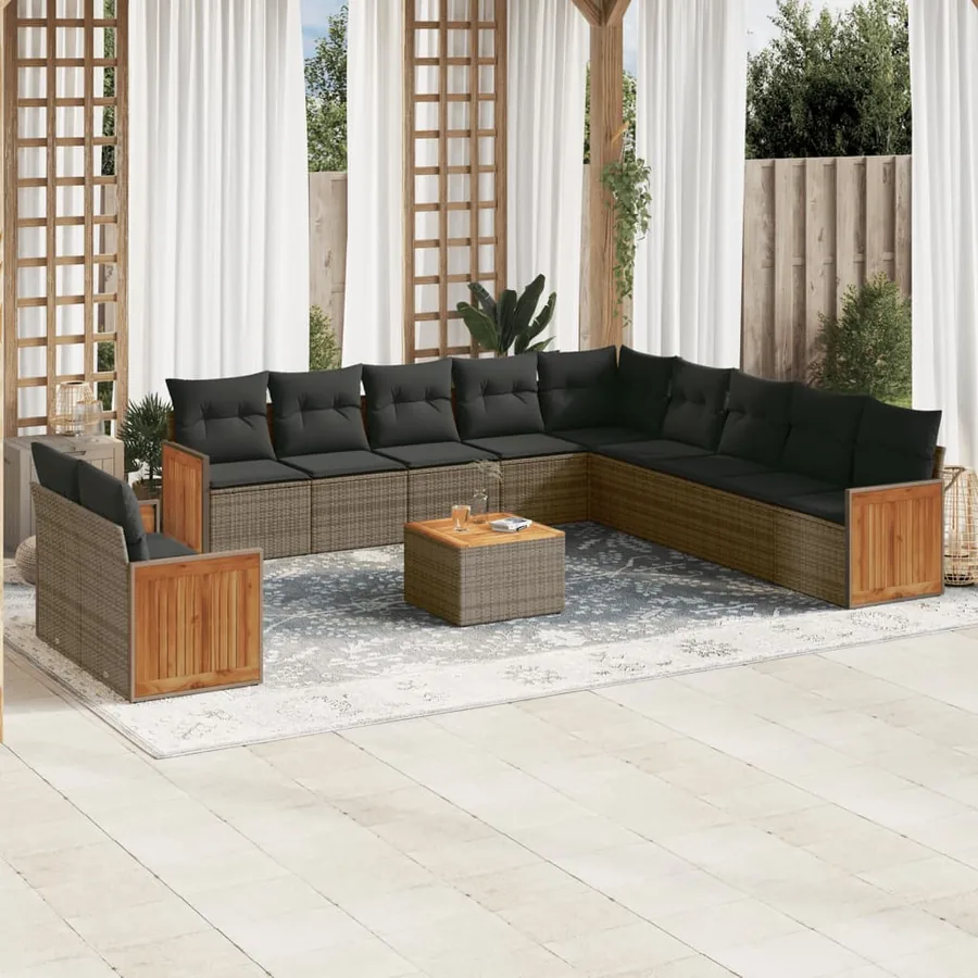 Salon de jardin avec coussins 12 pcs gris résine tressée