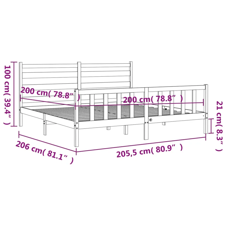 Cadre de lit sans matelas noir 200x200 cm bois massif de pin - 12