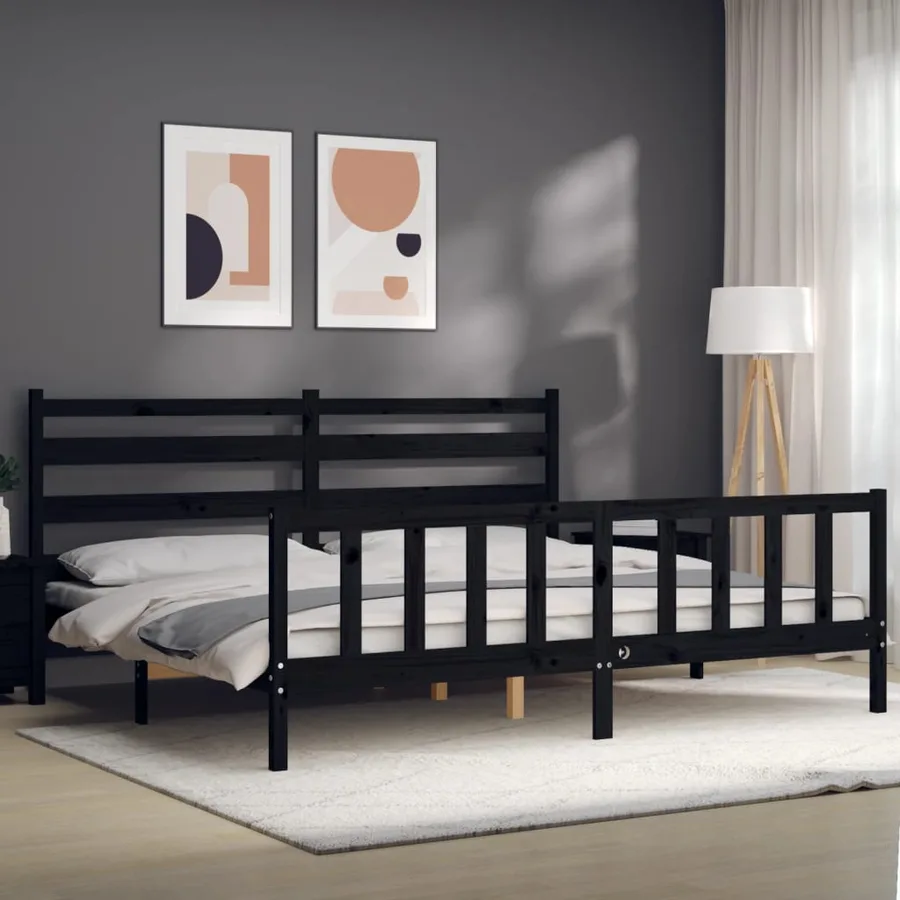 Cadre de lit sans matelas noir 200x200 cm bois massif de pin - 4