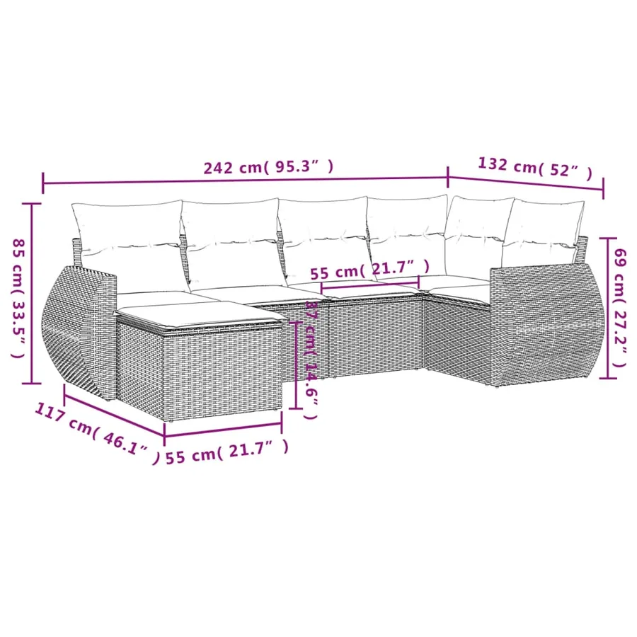 Salon de jardin 6 pcs avec coussins gris résine tressée - 3