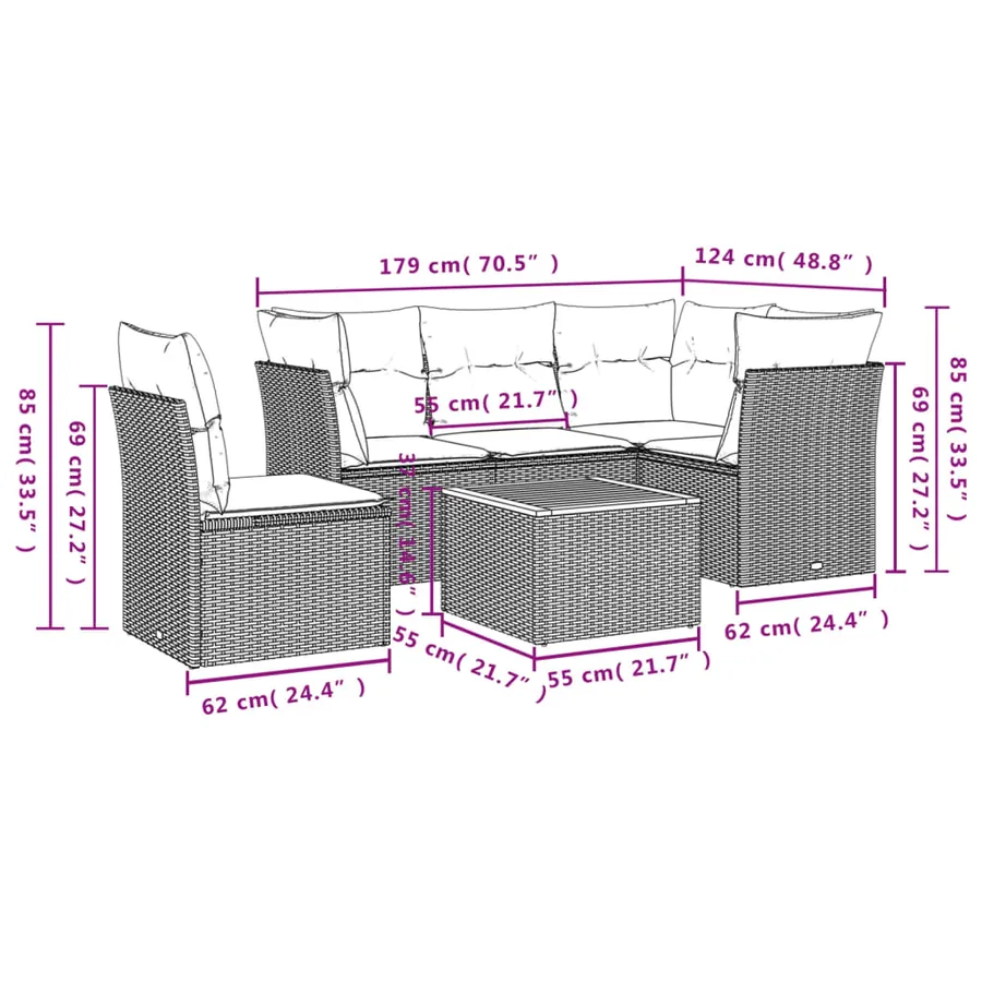 Salon de jardin 6 pcs avec coussins gris résine tressée - 7