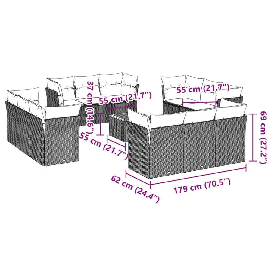 Salon de jardin avec coussins 13 pcs gris résine tressée - 15