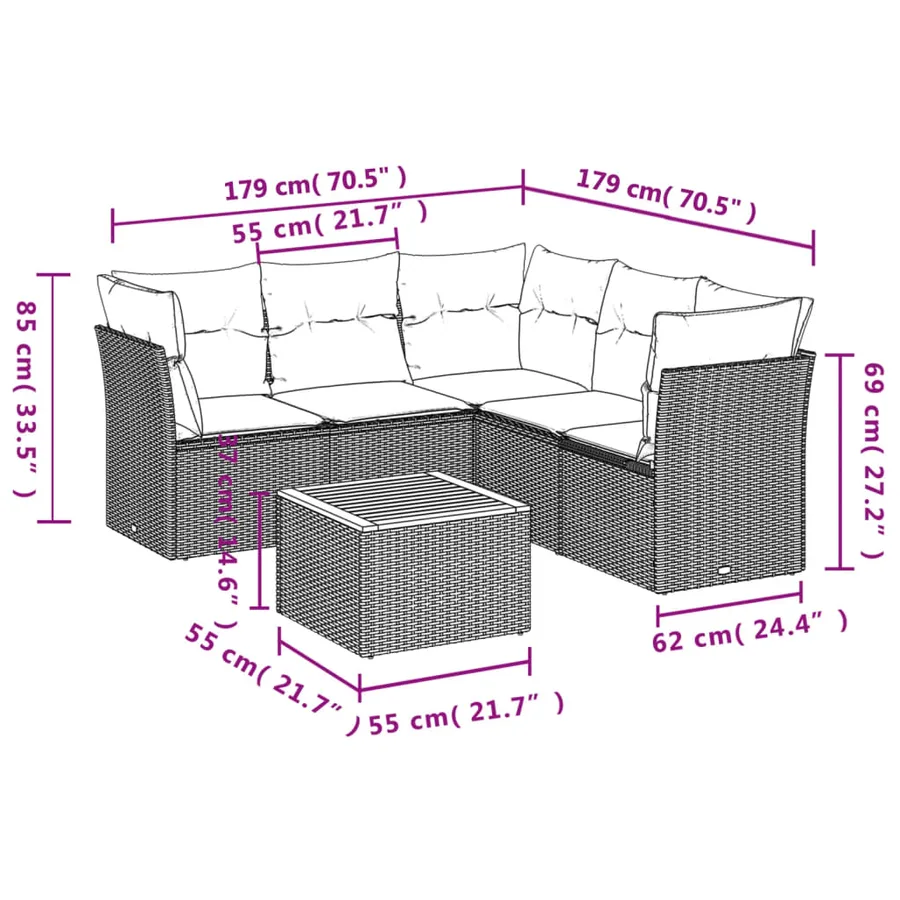 Salon de jardin 6 pcs avec coussins gris résine tressée - 7