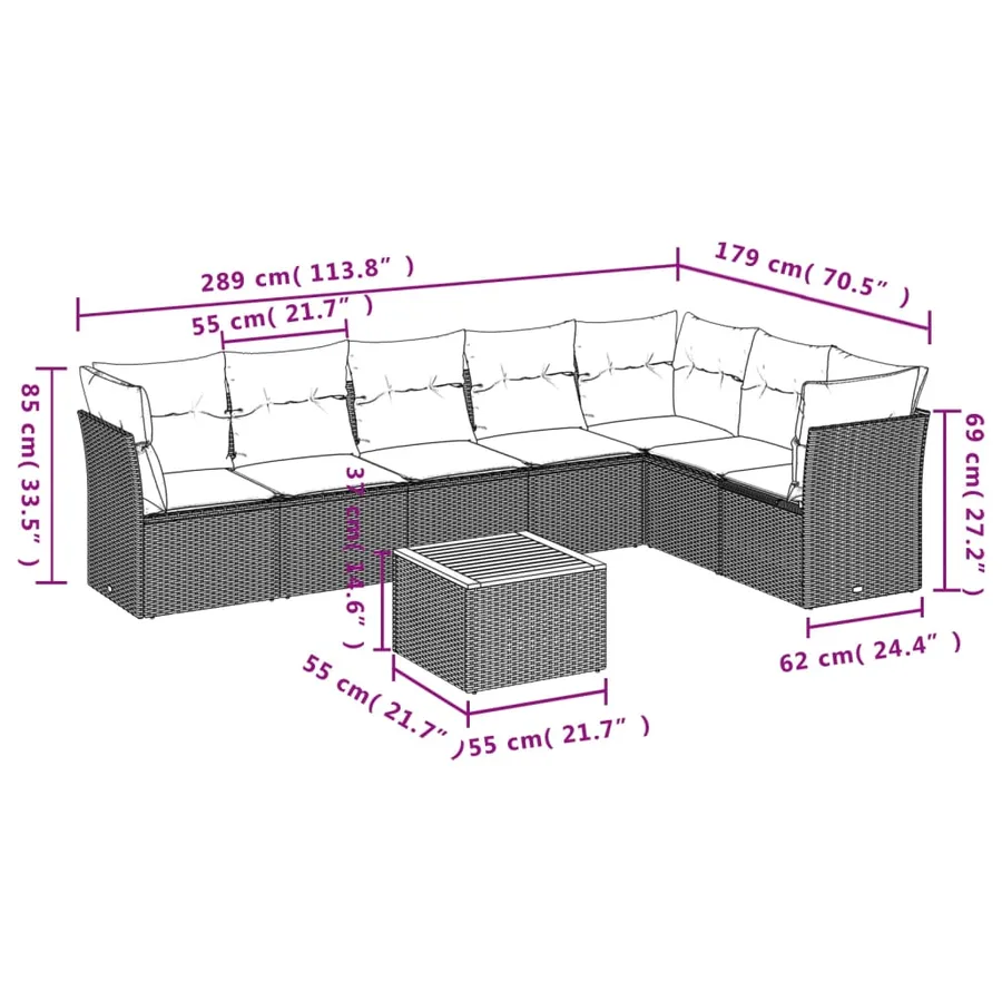 Salon de jardin 8 pcs avec coussins gris résine tressée - 12