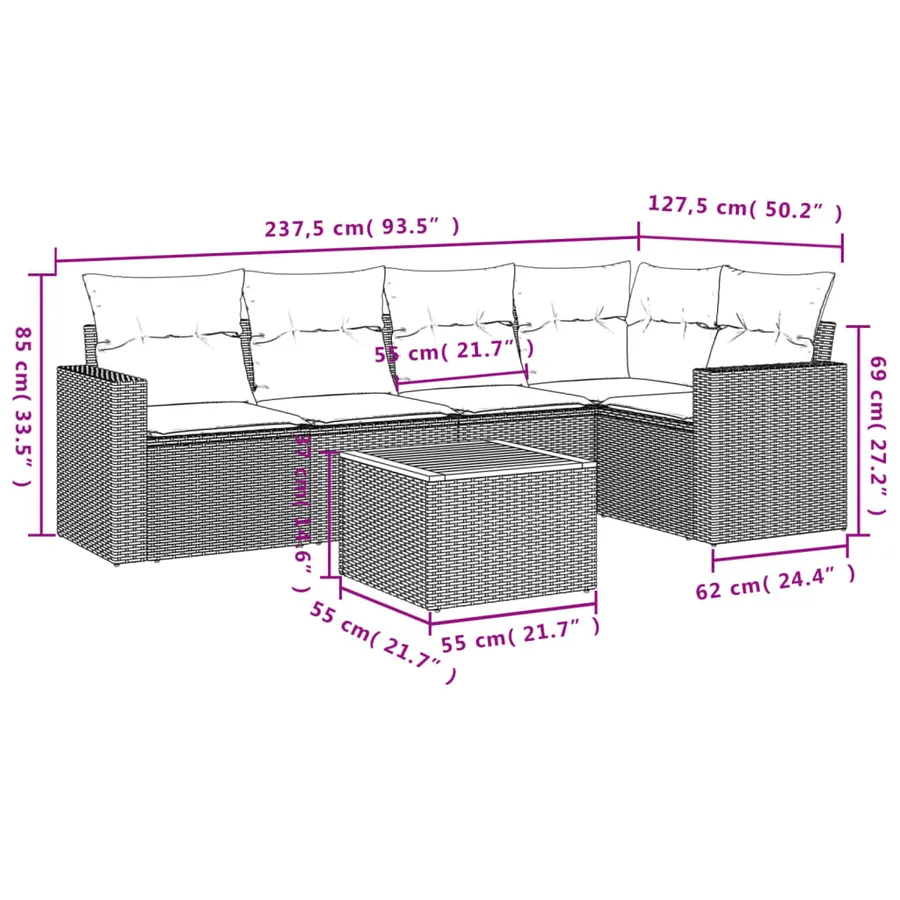 Salon de jardin 6 pcs avec coussins gris résine tressée - 12