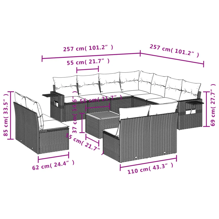 Salon de jardin avec coussins 12 pcs gris résine tressée - 3