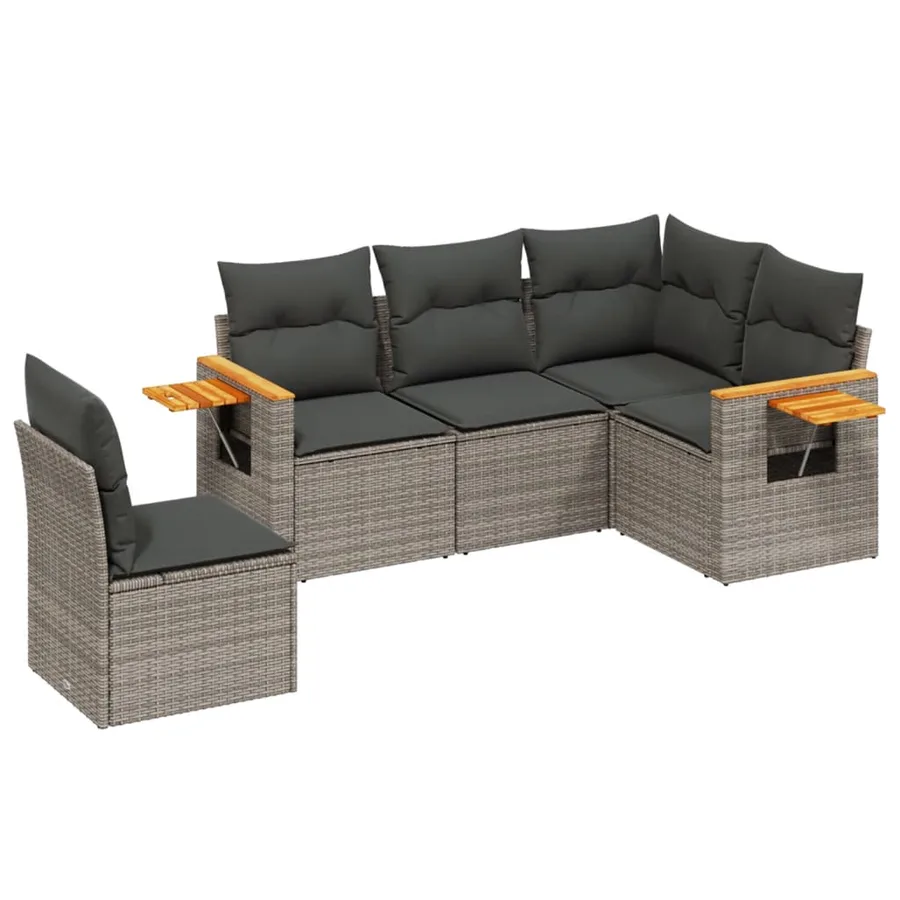 Salon de jardin 5 pcs avec coussins gris résine tressée - 2