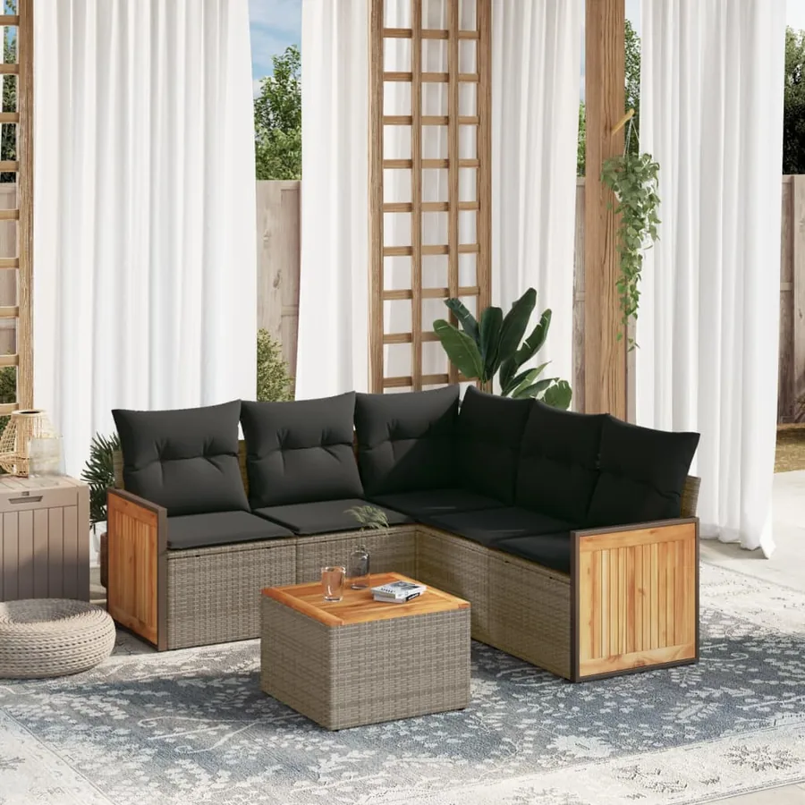 Salon de jardin 6 pcs avec coussins gris résine tressée