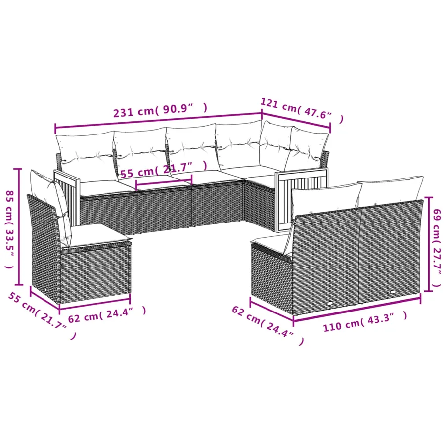 Salon de jardin 8 pcs avec coussins gris résine tressée - 3
