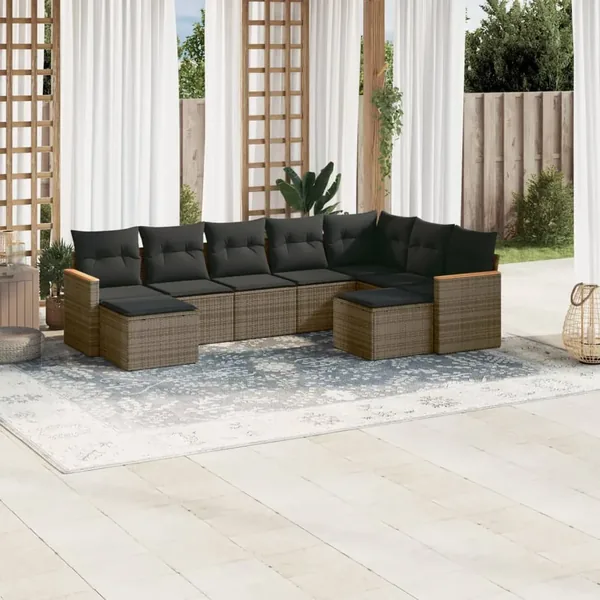 Salon de jardin 9 pcs avec coussins gris résine tressée