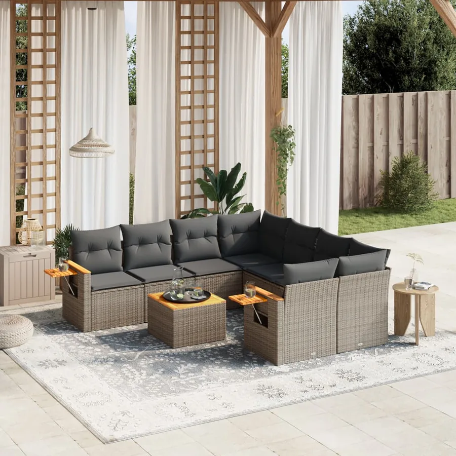 Salon de jardin 9 pcs avec coussins gris résine tressée