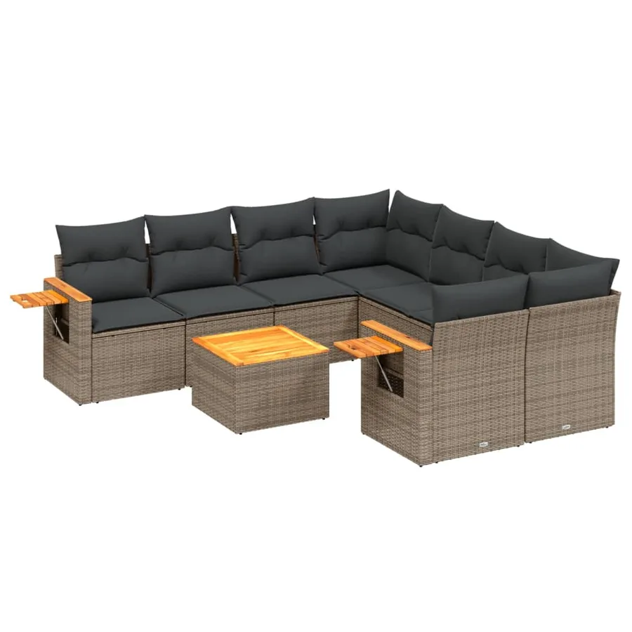 Salon de jardin 9 pcs avec coussins gris résine tressée - 2