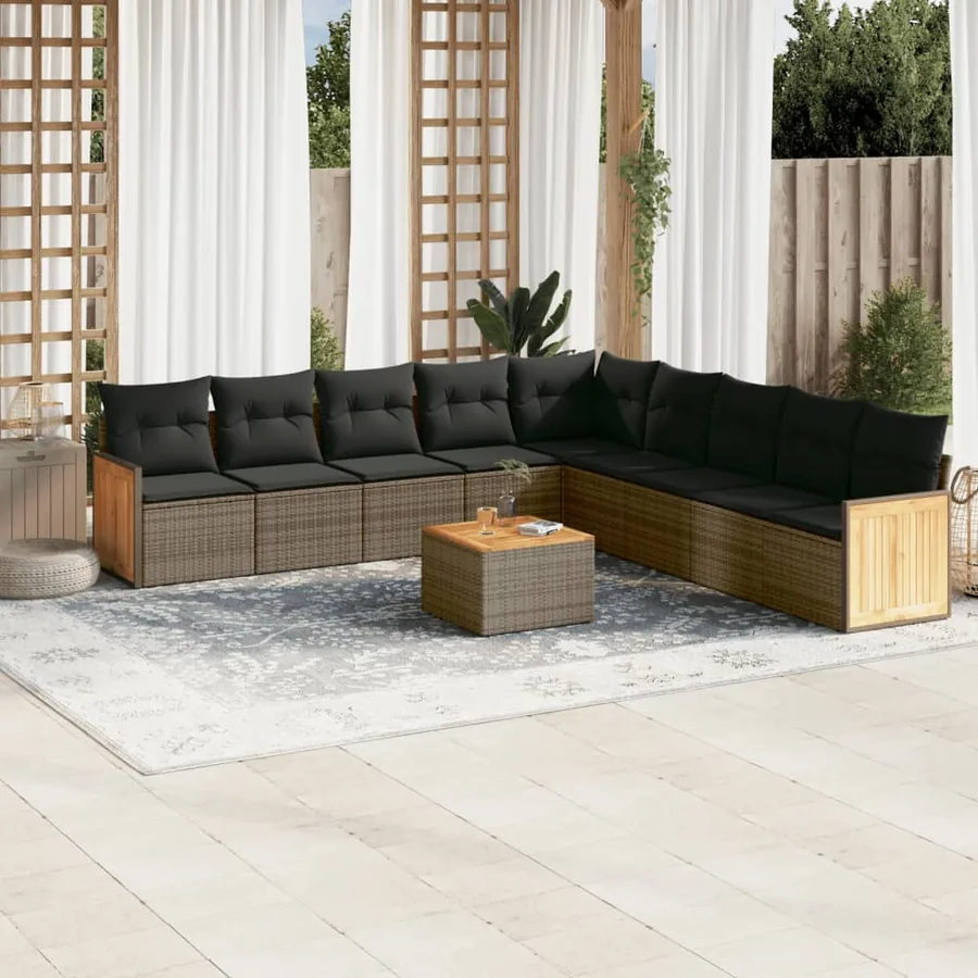 Salon de jardin avec coussins 10 pcs gris résine tressée
