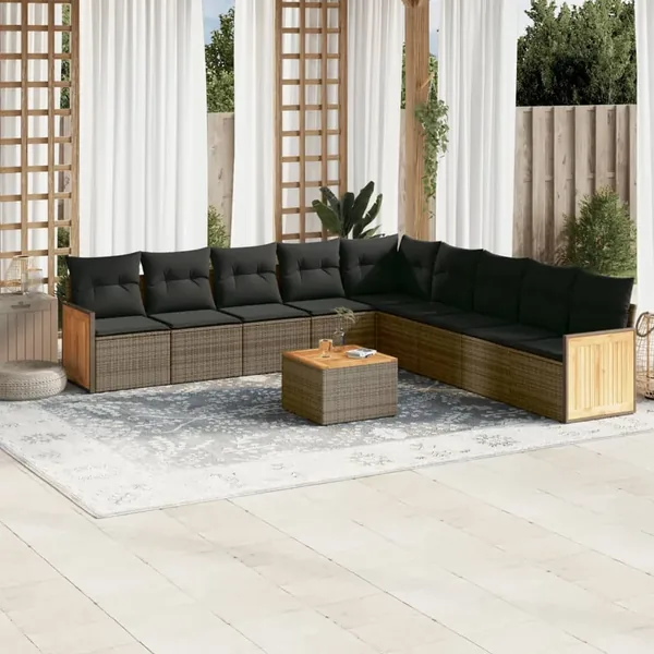 Salon de jardin avec coussins 10 pcs gris résine tressée