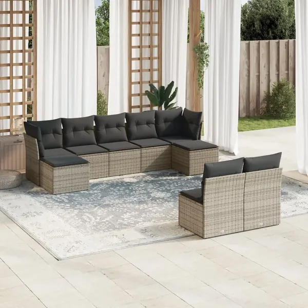 Salon de jardin 9 pcs avec coussins gris résine tressée