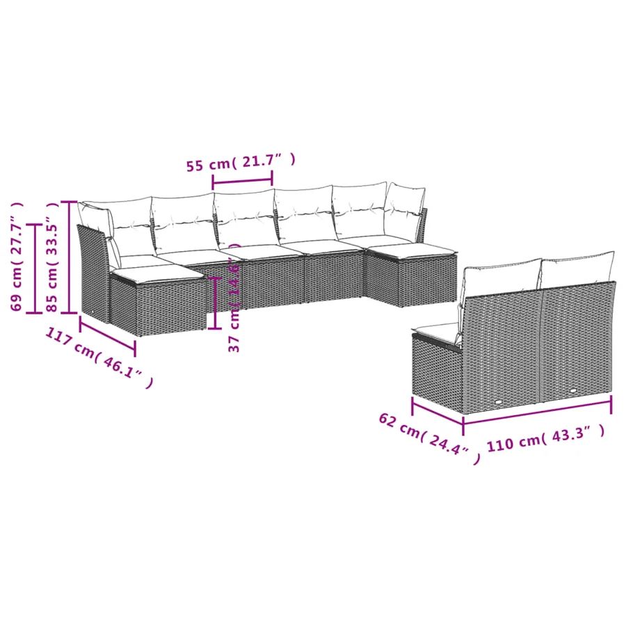 Salon de jardin 9 pcs avec coussins gris résine tressée - 3