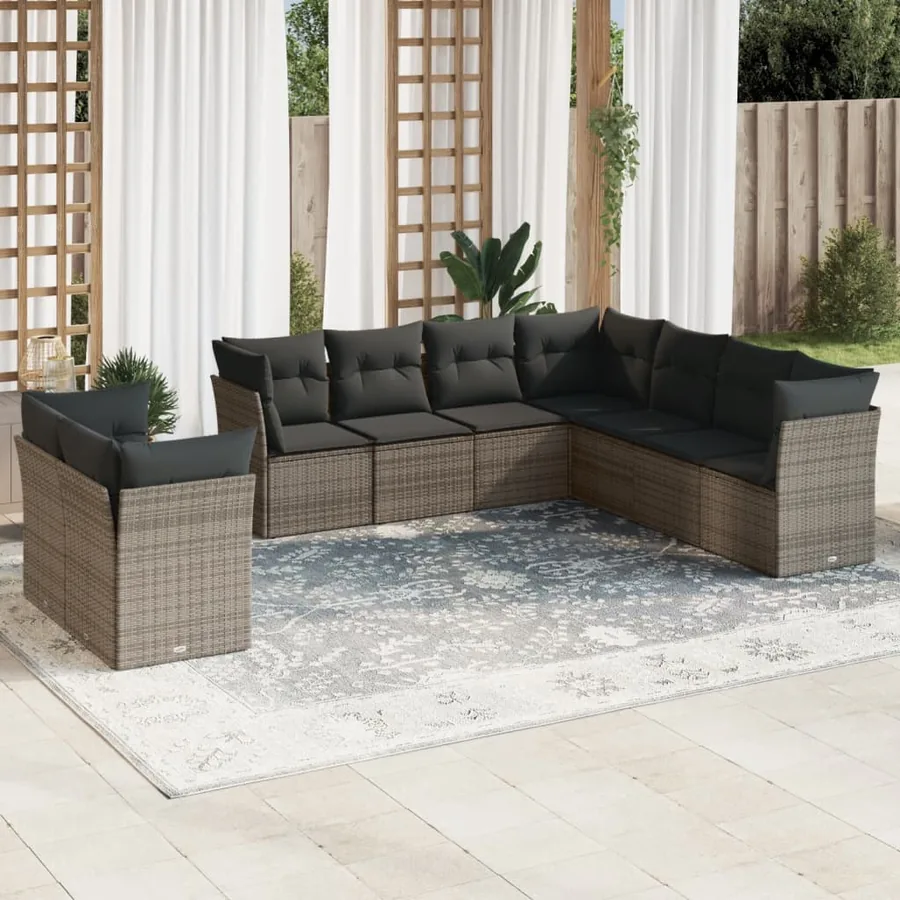Salon de jardin 9 pcs avec coussins gris résine tressée
