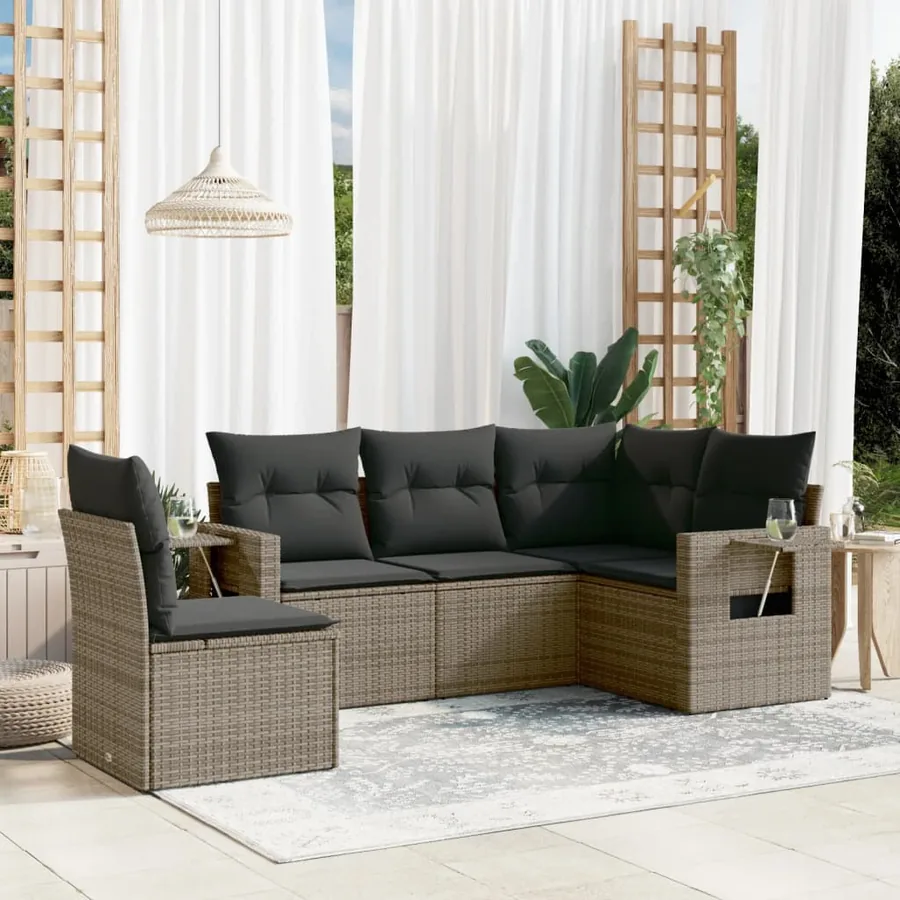 Ensemble de canapé de jardin 5 pcs avec coussins gris résine tressée