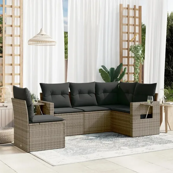 Ensemble de canapé de jardin 5 pcs avec coussins gris résine tressée