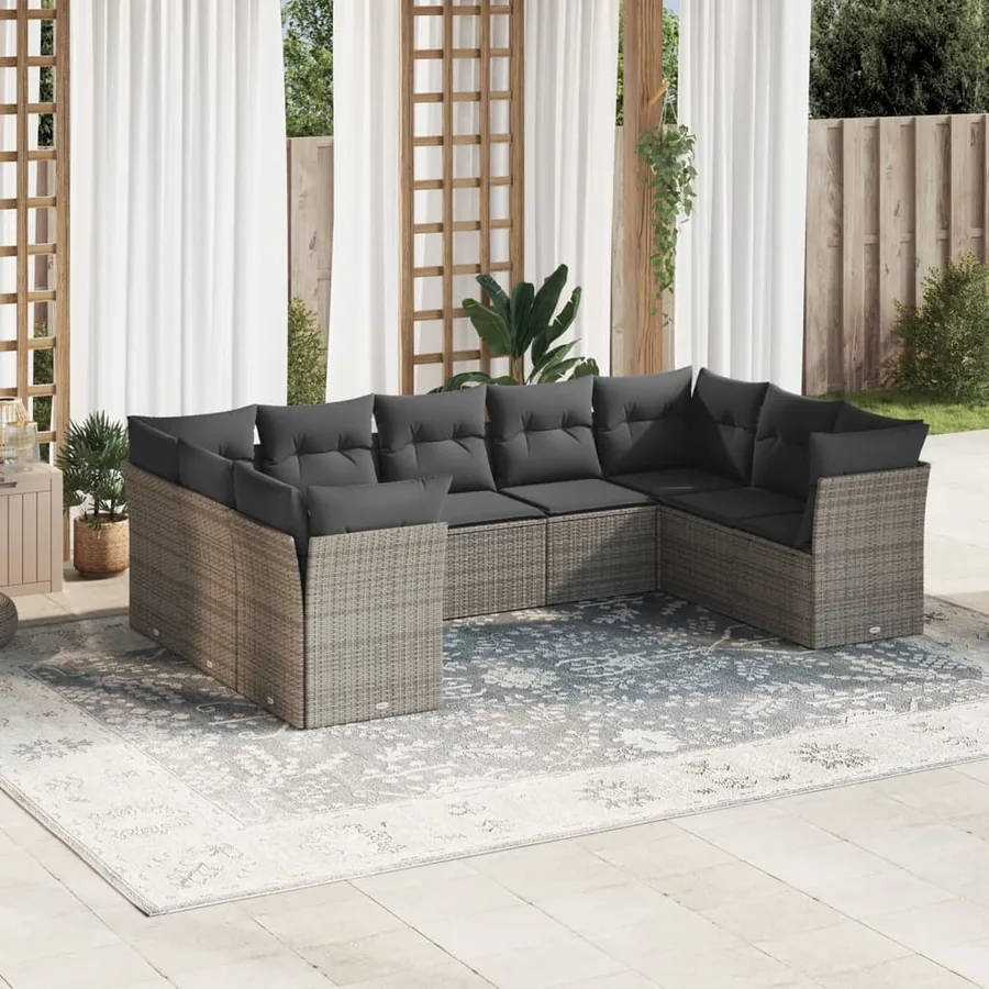 Salon de jardin 9 pcs avec coussins gris résine tressée