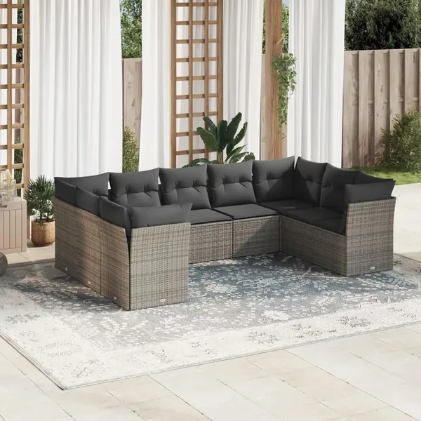 Salon de jardin 9 pcs avec coussins gris résine tressée