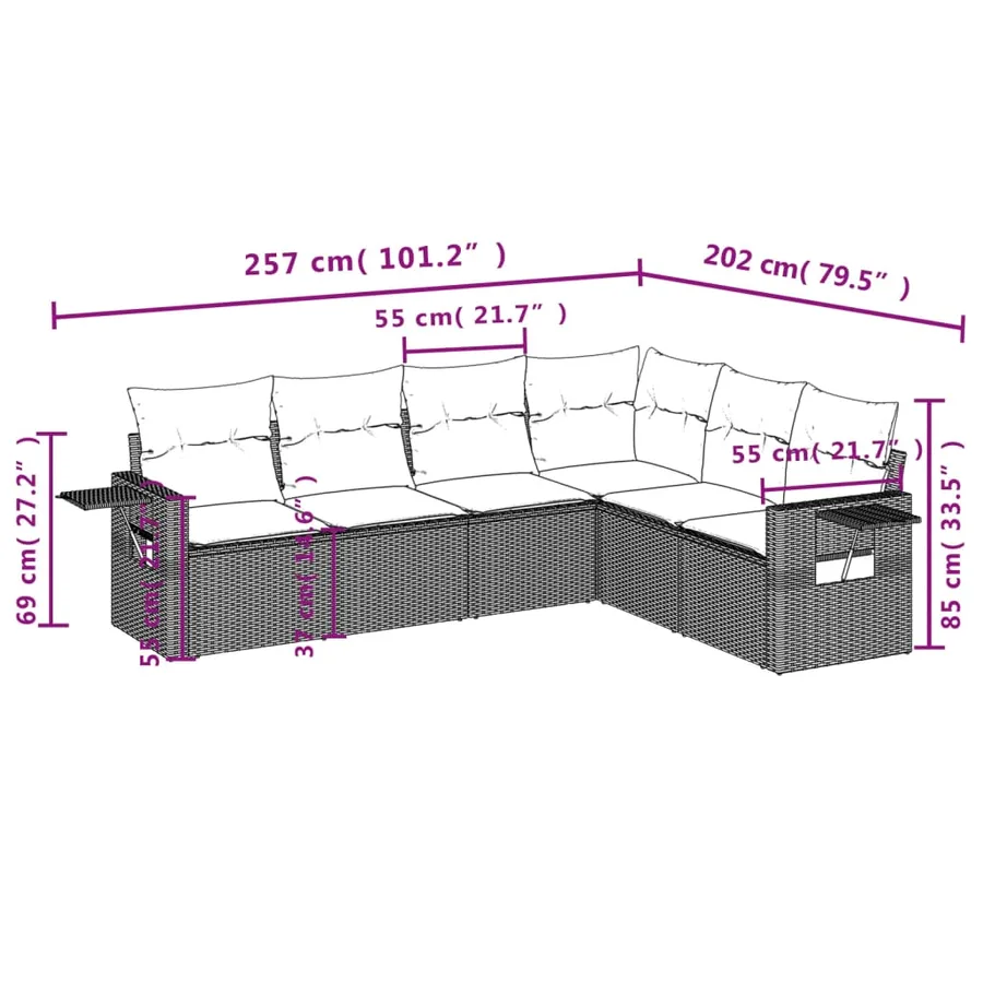 Salon de jardin 6 pcs avec coussins gris résine tressée - 3
