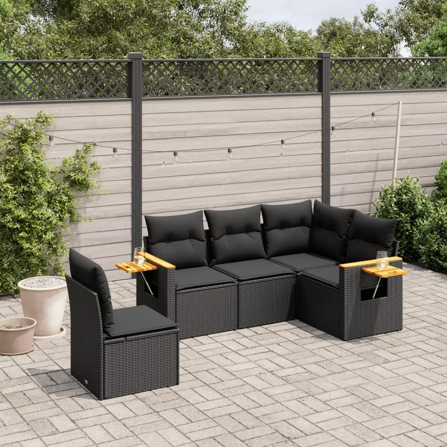 Salon de jardin 5 pcs avec coussins noir résine tressée