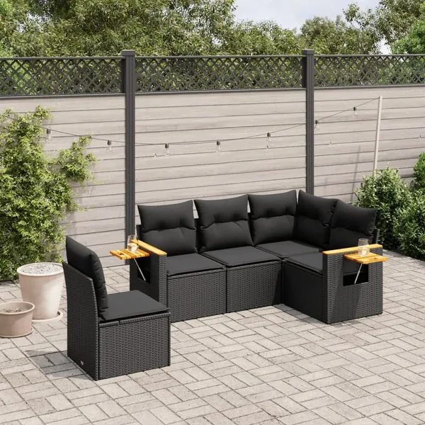 Salon de jardin 5 pcs avec coussins noir résine tressée